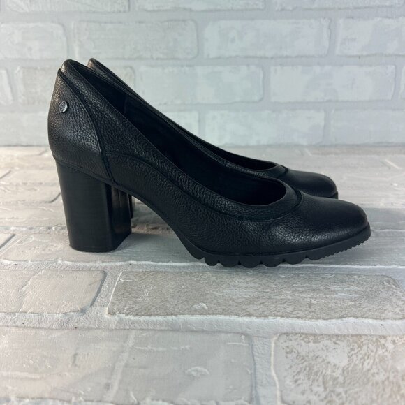 Hush Puppies Pumps Heels Womens 8 Black Pebbled Leather Chunky Stacked Block - Picture 2 of 12
